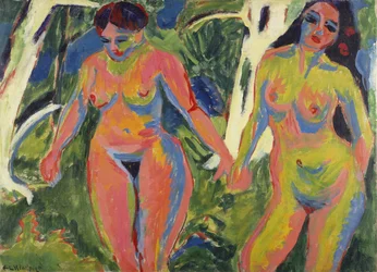 Två nakna kvinnor i en skog, 1909