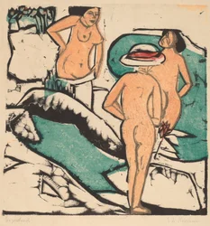 Kvinnor badar mellan vita stenar, 1912 (träsnitt i färg tryckt i svart, grönt, orange och rött)