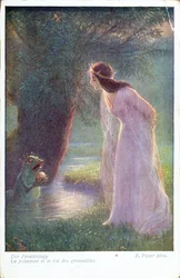 Grodprinsen ger prinsessan den gyllene bollen som han hittade i dammen. (Tidigt 1900-tal)