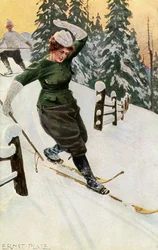 Kvinna som åker skidor, sent 1800-tal eller tidigt 1900-tal.