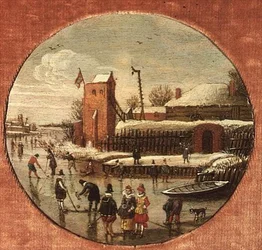 Vinterlandskap med skridskoåkare (panel)