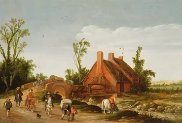 Ett skogslandskap med resenärer på spår, 1624