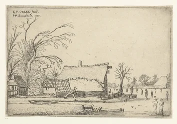 Gård vid frusen flod med skridskoåkare Liggande landskap (serietitel)