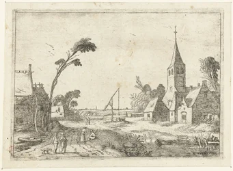 Byutsikt med gårdar, kyrka och brunn Liggande landskap (serietitel)