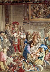 Besök av Ludvig XIV på Manufacture des Gobelins i närvaro av Jean Baptiste (Jean-Baptiste) Colbert (1619-1683) (i profil, till höger om kungen) och målaren Charles Lebrun (Le Brun) (1619-1690) ), 15 oktober