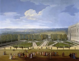 Ludvig XIV och hans hov på en strandpromenad i Versailles trädgårdar