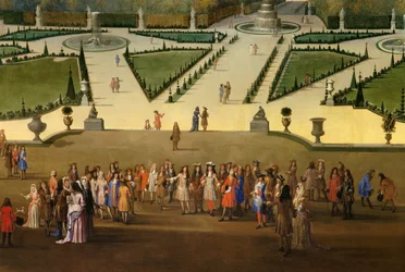 Ludvig XIV:s promenad (1638-1715) med utsikt över den norra parterren i Versailles trädgårdar, detalj. Omkring 1688. Sol. 2,3 x 2,9 m