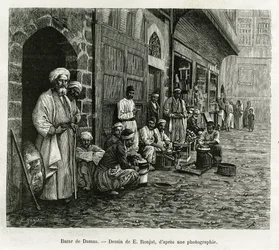 Damaskus basar. Gravyr av E.Ronjat, för att illustrera berättelsen La Syria d