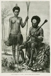 Fijian par. Gravyr av E.Ronjat för att illustrera berättelsen Promenades en Oceanie, av Aylic Marin, i le tour du monde 1887, regisserad av Edouard Charton (1807-1890), Hachette, Paris.
