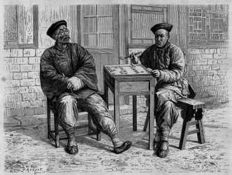 Gå spelare på gatorna i Pekin (Peking) på 1800-talet. Gravyr efter en teckning av Ronjat, efter ett fotografi av doktor Morache, i "Le Tour du Monde, Nouveau journal des Voyages", redigerad av Edouard Charton, Paris
