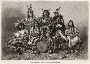 Indiska krigare och deras fruar (Texas). Gravyr efter teckningen av E.Ronjat, för att illustrera historien La conquete blanche, av William Hepworth Dixon, 1875, publicerad i "" Le tour du monde""" 1876, redigerad av Edouard Charton, Hachette-upplagan, Pari