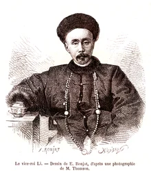 Li Hongzang, vicekung av Zhili, vid Kinas kejserliga hov. 1873 (gravyr)