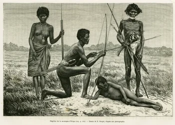 Negritos från Yriga-berget. Gravyr av E.Ronjat för att illustrera berättelsen Lucon och Palaouan, sex år i Filippinerna, av Alfred Marche (1844-1898), i le tour du monde 1886, regisserad av Edouard Charton (1807-1890), Hachette, Paris.