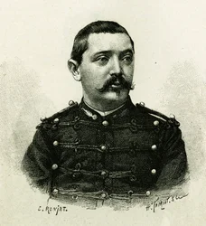 Porträtt av kapten Pietri, av sjöartilleriet, under expeditionen till Afrika 1879-1882, under befäl av Gallieni. Gravyr av E. Ronjat, från ett fotografi, för att illustrera berättelsen "Exploration du Haut Niger (Haut Niger)" (dagens Mali) av