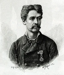 Porträtt av doktor Tautain, under expeditionen till Afrika 1879-1882, under befäl av Gallieni. Gravyr av E. Ronjat, från ett fotografi, för att illustrera berättelsen "Exploration du Haut Niger (Haut Niger)" (nuvarande Mali) av befälhavare Joseph Gallien