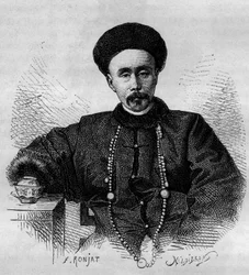 Porträtt av Li Hongzhang (1832-1901), kinesisk general och vicekung (vicekung) av Zhili från 1871 till 1895 och från 1900 till 1901. Gravyr från en teckning av Ronjat, från ett fotografi av Thomson, i "" Le Tour du Monde, Nouveau journal des Voyages””, red