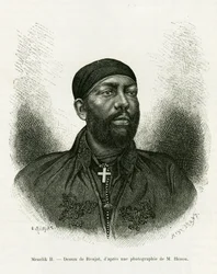Porträtt av prins Menelik II av Etiopien (1844-1913). Gravyr av Ronjat, efter ett fotografi, för att illustrera berättelsen Voyage au Choa (Abyssinie meridionale)