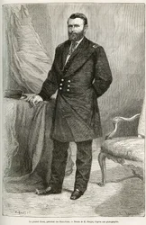 Porträtt av Ulysses Grant (1822-1885), amerikansk general, befälhavare för unionstrupperna under amerikanska inbördeskriget och USA:s 18:e president under två mandatperioder från 1869 till 1877. Gravyr efter en teckning av E. Ronjat, som illustration till