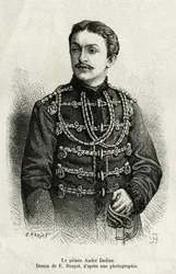 Prins Andre Dadian av Mingrelie (1850-1910), general för den ryska armén och schackmästare. Gravyr av E. Ronjat, för att illustrera berättelsen Un tour en Mingrelie (region i Georgien, som sträcker sig mellan Kaukasus och Rion), av Carla Serena, 1876-187