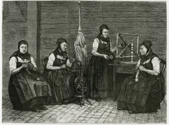 Sondernach spridare, beskrivning av de olika stadierna av spinning, hand, spindel och spindel. Gravyr av E.Ronjat, för att illustrera berättelsen "Atravers l