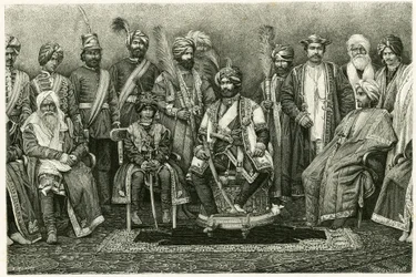Kashmir-maharadjan, Rambhir Sing och hans hov. Gravyr av E. Ronjat, för att illustrera berättelsen "Porträtt av en parisisk kvinna i västra Himalaya", 1881, av Marie de Ujfalvy-Bourdon (Ujfalvy Bourdon). Publicerad i Tour du monde, termin 2