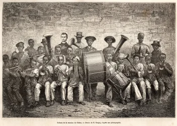 Bandet av barnen i Gabonmissionen. Gravyr efter teckningen av E. Ronjat, för att illustrera kryssningen på Afrikas kust, av viceamiral Fleuriot de Langle, 1868, publicerad i "" Le tour du monde"" 1876, redigerad av Edouard Charton, Hachet