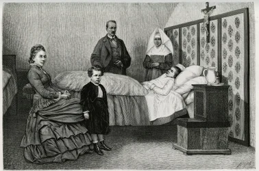 Läkarkonsultationen på Logelbach hospice. Gravyr av E.Ronjat, för att illustrera berättelsen "Genom Alsace och Lorraine", 1884, av Charles Grad (1842-1890), tysk deputerad, författare och naturforskare. Publicerad i Le Tour du monde, nouveau journal d