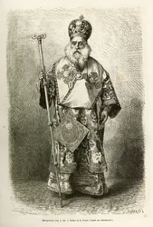 Metropolitan eveque av den nya katedralen i Aten. Gravyr efter teckningen av E. Ronjat, för att illustrera resan till Grekland, av Henri Belle, 1861-1868-1874, publicerad i "" Le tour du monde""" 1876, redigerad av Edouard Charton, Hachette-upplagan,