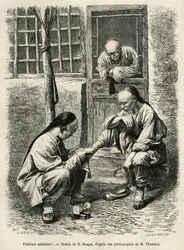 Vandringspedikyren, en vanlig scen i vardagen i kinesiska städer. Gravyr efter teckningen av E. Ronjat, för att illustrera resan till Pekin och norra Kina, av T.Choutze, 1873, publicerad i "" Le tour du monde""" 1876, redigerad av Edouard Charton