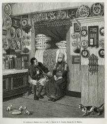 Un interieur à Marken (Pays Bas), gravyr efter en teckning av E. Ronjat, för att illustrera historien om Neerlande, av Charles de Coster, 1878, publicerad i tour du monde, under ledning av Edouard Charton