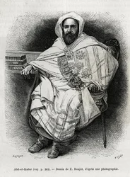 porträtt av Abd El Kader (1808-1883) algerisk emir och sultan, sufiteolog, politiker och militärt motstånd mot den franska kolonialarmén, även författare, poet och filosof. Gravyr av E. Ronjat, för att illustrera historien La Syria d