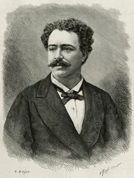 porträtt av författaren och resenären Edmondo de Amicis (1846-1908), italiensk författare, gravyr av E.Ronjat, för att illustrera historien om Marocko av Edmondo de Amicis, 1875, publicerad i tour du monde, under ledning av Edouard Charton