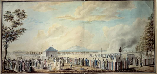 Franska revolutionen: ""Militärläger vid School of Mars för den republikanska arméns framtida chefer"" Akvarell av Etienne Bericourt (1700-talet) 1794 Paris, B.N.