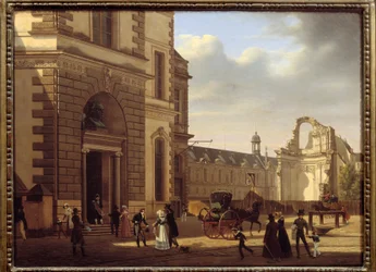 Ingången till Louvren och ruinerna av Saint Louis du Louvren. Utsikt över Paris. Målning av Etienne Bouhot (1780-1862)