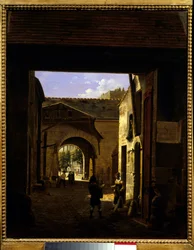 Gården till ett drivande hus i rue Saint Denis känd som innergården Sainte Catherine Scene i 1: a arrondissementet i Paris. Målning av Etienne Bouhot (1780-1862) 1832 Sön. 0,27x0,22 m Paris, Musee Carnavalet.