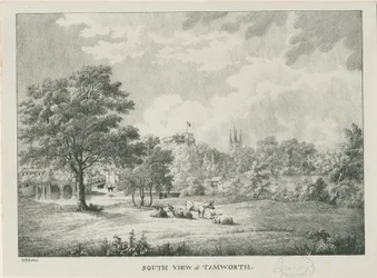 Tamworth - Avlägsen utsikt från söder: litografi, nd [1796-1865]
