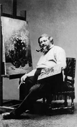 Gustave Courbet (1819-1877) fransk målare i sin verkstadsateljé, ca 1876, foto Etienne Carjat