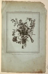 Trofé med jaktens redskap, tavla 1 från "Suite de Trophées de chasse," Suite VI