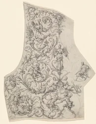 Bakstycket till en paradrustning, ca 1557 (teckning med penna och bläck)