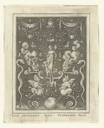Venus med Amor mellan fyra brinnande hjärtan Ytdekorationer med gudafigurer i en ram av grotesker (senare version) (serietitel)