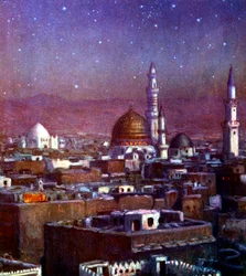 Utsikt över Medina, Arabien, i månsken, som visar kupolen på Profetens grav, 1918