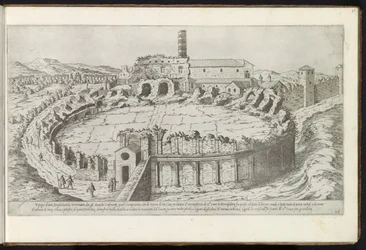 Amfiteatern Castrense te Rome Bouwwerken uit de oudheid (serietitel) Resterna av det antika Rom samlade och fotograferade i perspektiv av Stefano Du Perac Parisino (serietitel på objekt)