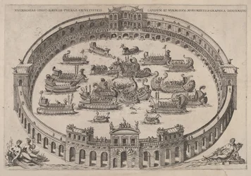 Sjöinsatsen utspelar sig i en romersk arena, med floden Tibern och nymfer längst ner till vänster..., 1577-85.