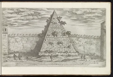 Pyramid av Cestius i Rom Bouwwerken uit de oudheid (serietitel) Resterna av det antika Rom samlade och fotograferade i perspektiv av Stefano Du Perac Parisino (serietitel på objekt)