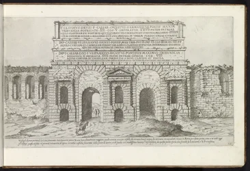 Porta Maggiore i Rom Bouwwerken uit de oudheid (serietitel) Resterna från Roms antiken samlade och porträtt i perspektiv av Stefano Du Perac Parisino (serietitel på objekt)