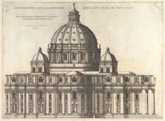 Den romerska spegeln av storhet: höjd som visar utsidan av Saint Peters Basili..., 1558-61.