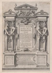Mirror of Roman Magnificence: Titelsida graverad inom arkitektonisk och skulptur..., 1573-77.