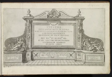 Titeltryck med ett betitlat monument, flankerat av Faam och Vadertje Tijd Forntida byggnader (serietitel) I vestigi dell