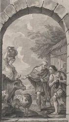 The Chapel of the Foundlings i Paris: Grupp av herdar framför en stuga, 1757.