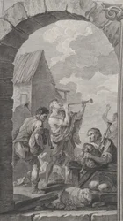 The Chapel of the Foundlings i Paris: Grupp av herdar: trumpetspelare och m..., 1754.